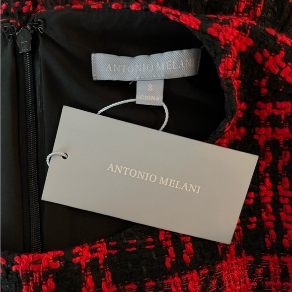 ANTONIO MELANI Irine Tweed Feather Sleeveless Sheath Dress Red Black NEW Holiday - Picture 5 of 7